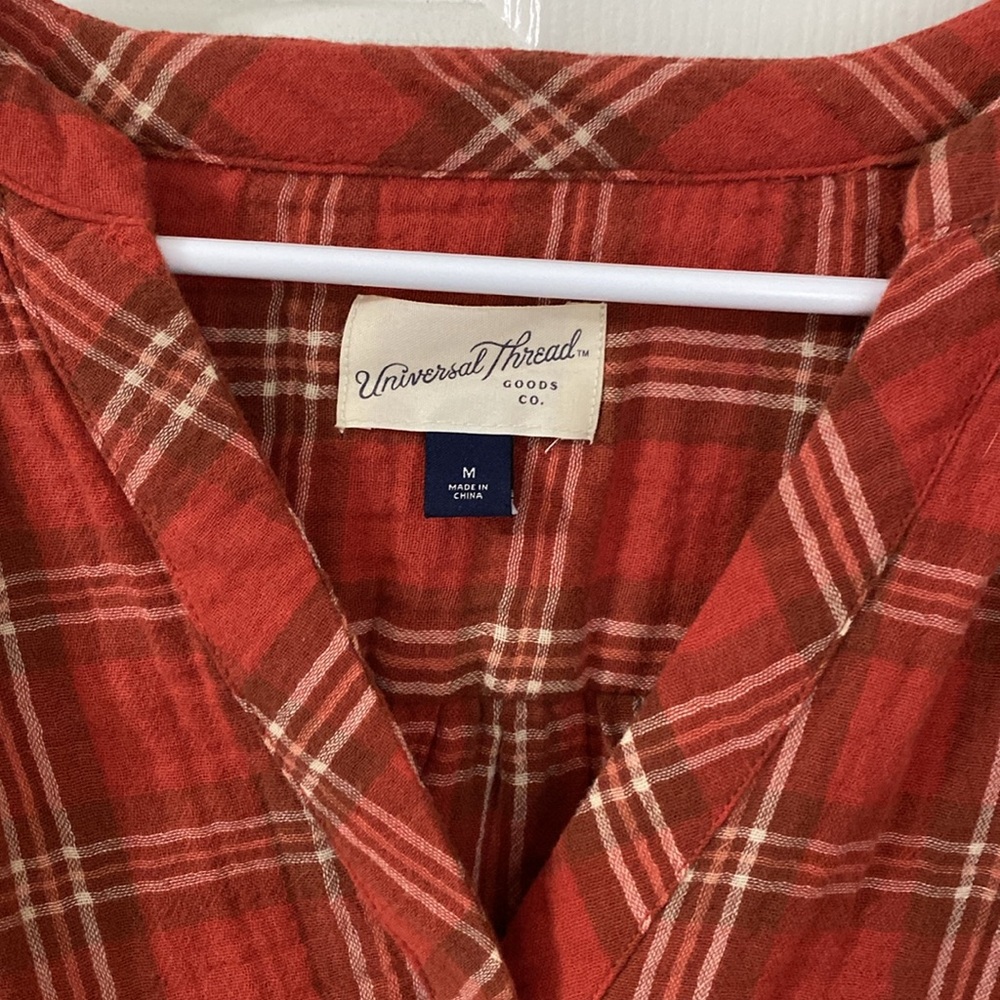 Universal Threads long sleeve button up Y neck fall orange plaid womens shirt - Picture 3 of 8